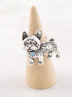 Silver Western Style Love My Frenchie Bulldog Turquoise Stone Cuff Back Ring NEW